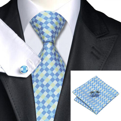 

N-0513 Vogue Men Silk Tie Set Blue Plaids & Checks Necktie Handkerchief Cufflinks Set Ties For Men Formal Wedding Business wholesale