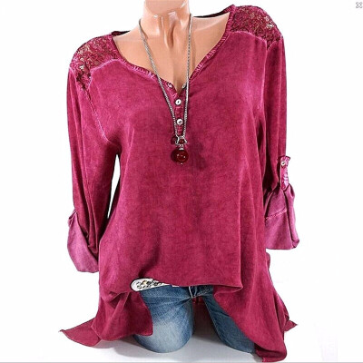 

S-5XL Fashion Womens Long Sleeve Solid Color Sleeve Lace V-neck Blouse Plus Size