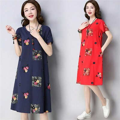 

Cotton&hemp dress 2018 Summer new national style womens dress long round collar embroidery short sleeve retro A dress