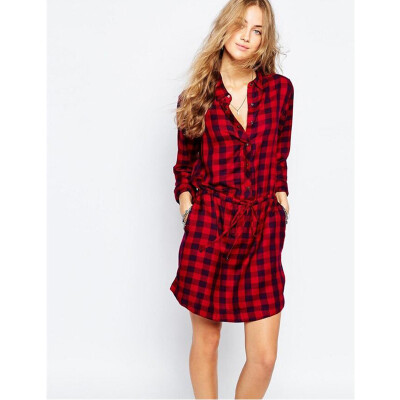 

Buenos Ninos Red Plaid Shirt Long Sleeve Dress Turn-down Collar Blouse
