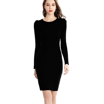 

PREISEI Autumn Winter New Women Knitted Dress Slim Casual Solid O-neck Long Sleeve Knitwear Pullovers Sweater Dress