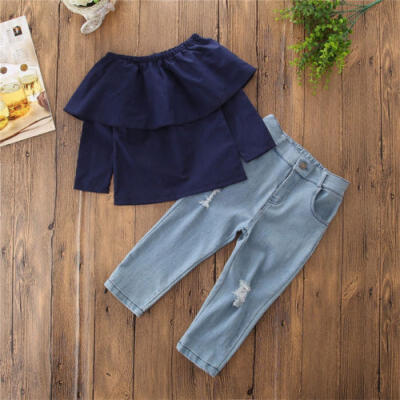 

Toddler Kids Baby Girls Off Shoulder Tops Jeans Pants 2PCS Outfits Clothes