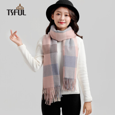 

Tsful scarf female student Korean version of the grid fashion warm air conditioning room dual-use shawl long double-sided bib spring&autumn winter general JY846WJB powder blue grid