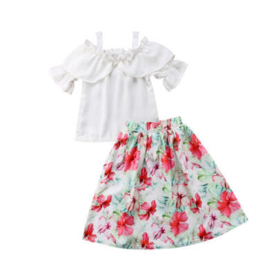 

Chiffon Kids Baby Girl Off Shoulder Tops Floral Party Dress Outfits Sunsuit 2-7Y