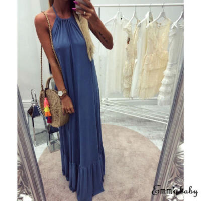 

Women Maxi Boho Pure Color Summer Beach Long Dress Evening Cocktail Party Dress