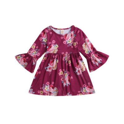 

Toddler Kids Baby Girl Flower Bell Sleeve Princess Party Dress Casual Clothes