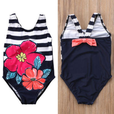 

Toddler Baby Girl Stripe Floral One-piece Bikini Summer Beach Swimwear Swimsuit