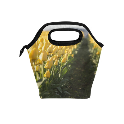 

Insulated Lunch Tote Bag Yellow Tulip Travel Picnic Lunch Handbags Portable Zipper Lunch Bag Box