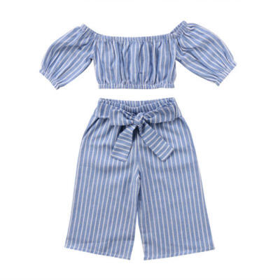 

Baby Kids Girls Off-shoulder Tops T-shirt Loose Stripe Bowknot Pants Outfits Set