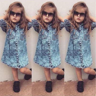 

New Toddler Baby Girl Kids 34 Sleeve Princess Dress Party Dresses Denim Outfit