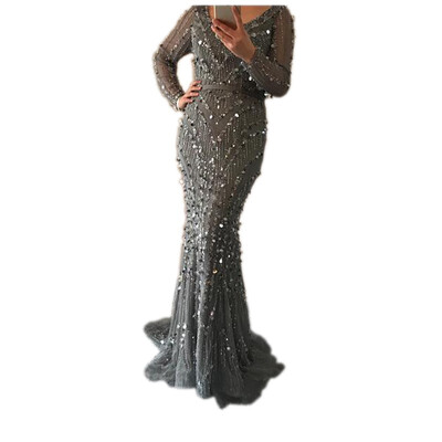 

Luxury Pink Navy Blue Beading Mermaid Tulle Evening Dress V-Neck Long Sleeves Elegant Evening Gowns 2018 Real Photo