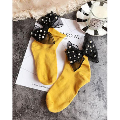 

Women Ladies Girls Candy Color Cotton Socks Fashion New Bow Pearl Soft Sock