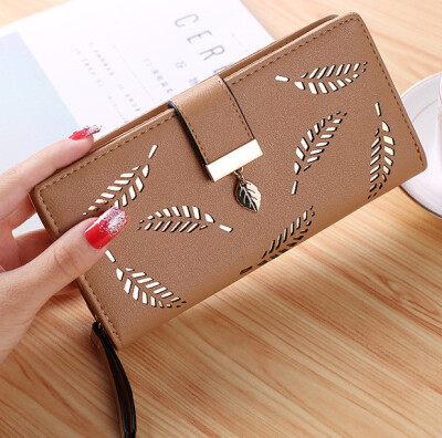 

The New Korean Version Of Womens Purse Long Style With A Hollowed-out Leaves Zipper Clasp Purse Card Bag