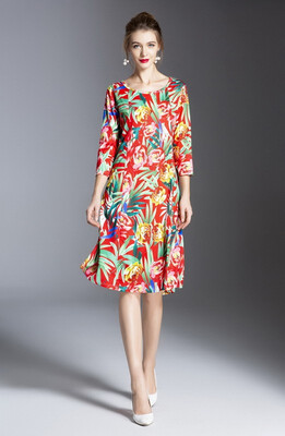 

Fashion Women Floral Print Summer Long Dress Short Sleeve Round Neck Loosen Waist Casual Dress
