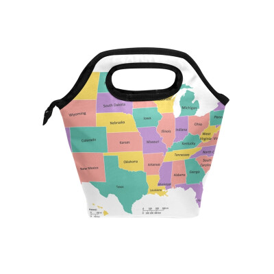 

Lunch Tote Bag Colorful American Map Travel Picnic Insulated Lunch Handbags Portable Zipper Lunch Bag Box