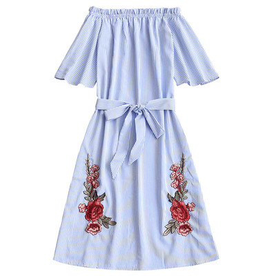 

Striped Flower Patched Belted Dress