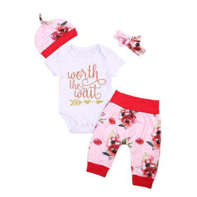 

4PCs Newborn Infant Baby Girls Worth the Wait Romper Long Pants Outfits Clothes