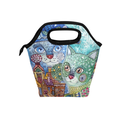 

Lunch Tote Bag Two Cat Travel Picnic Insulated Lunch Handbags Portable Zipper Lunch Bag Box