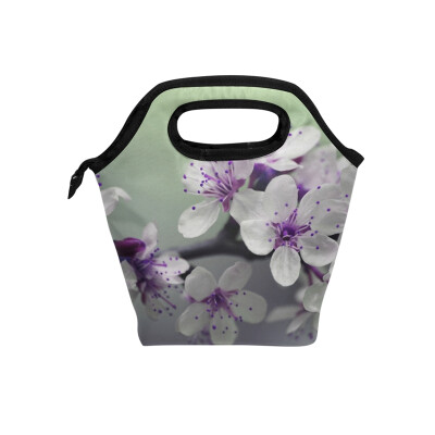 

Lunch Bag Purple Flower Tote Travel Picnic Insulated Handbags Portable Zipper Lunch Bag Box