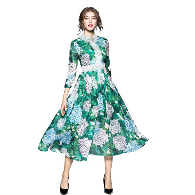 

Autumn New High-End Printing Lapel Long Section Dress