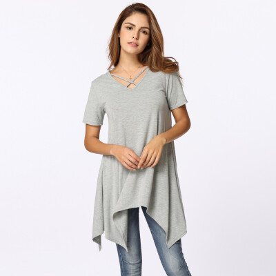 

Sexy Women Asymmetric T-Shirt Criss Cross V Neck Short Sleeve Blouse Solid Loose Casual Tunic Top BlackGreyArmy Green