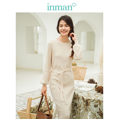 

INMAN 2018 winter new round neck with belt retro ladies long woolen dress female 1884451596 apricot