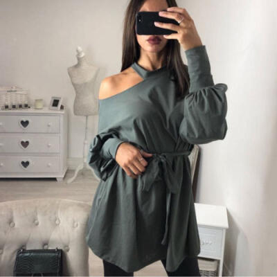 

Womens Long Sleeve Off Shoulder Mini Batwing Top Ladies Baggy Tunic Dress Shirt
