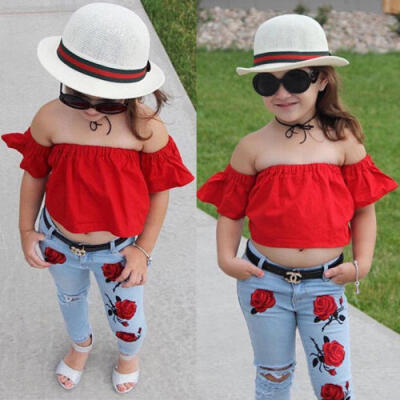 

UK Kids Baby Girls Cropped Top T-shirt Pants Floral Denim Pants Outfits Clothes