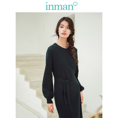 

INMAN 2018 winter new round neck with belt retro ladies long woolen dress female 1884451596 dark green M