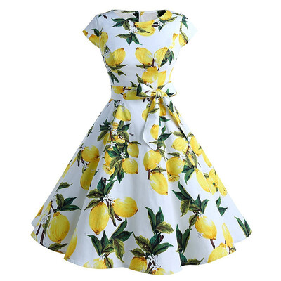 

Summer Dress Women Fashion Lemon Floral Print Casual Pin up Vintage Dresses 50s 60s Rockabilly Party Dresses