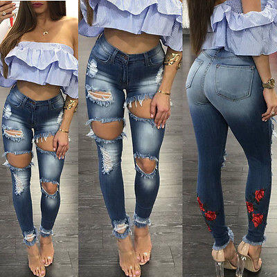 

Womens Leggings Ladies Stretch Faded Ripped Slim Fit Skinny Denim Jeans Pants CA