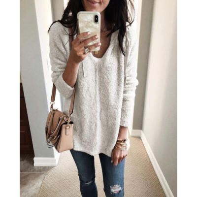 

Women Casual V-Neck Knitted Sweater Bell Long Sleeve Loose Jumper Tops Knitwear