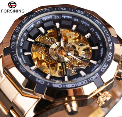 

Forsining Sport Racing Series Skeleton Stainless Steel Black Golden Dial Top Brand Luxury Watches Men Automatic Watch Clock Men
