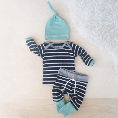 

3PCS Newborn Kid Baby Boy Girl Striped T-shirt Tops Pants Hat Clothes Outfit Set