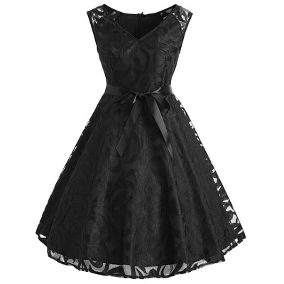

V Neck Belted Lace Overlay Dress