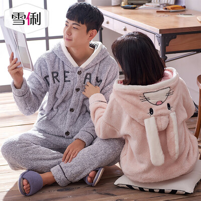 

Snowy autumn&winter flannel lovers pajamas ladies cute hooded thick coral fleece male long sleeve cartoon suit pink L