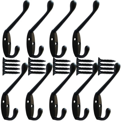 

UpperX 9 Pack heavy duty Coat Hooks Wall Mounted for Hat hardware Dual Prong Retro Coat Hanger with 20 Screws Black Color