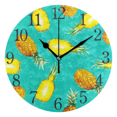 

Wall Clock Arabic Numerals Design Pineapple On Bright Green Background Round