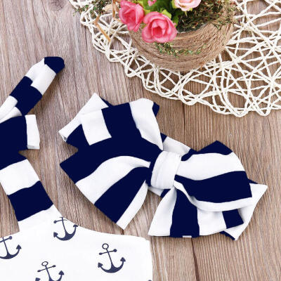 

US Stock Infant Baby Girl Clothes Anchor TopsStriped Brief Headband Navy Outfit