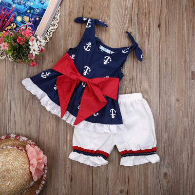 

Infant Baby Girl Anchor Bow Tops T-shirtShorts pants 2pcs Outfits Set US Stock