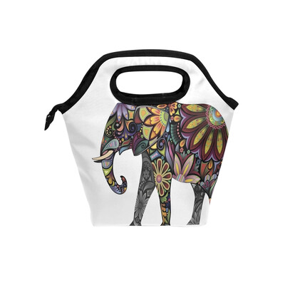 

Lunch Tote Bag Floral Elephant Travel Picnic Insulated Lunch Handbags Portable Zipper Lunch Bag Box