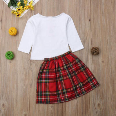 

2PCS Toddler Baby Girl Xmas Outfits Clothes Tops ShirtPlaid Dress Skirt Set