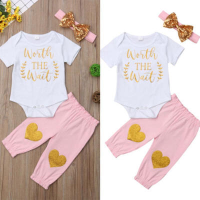 

UK Newborn Baby Girl Short Sleeve Tops Romper Pants Headband Outfits Clothes Set