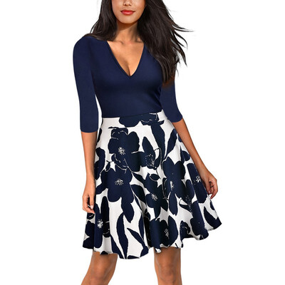 

Women Vintage Zipper Floral Printed Tunic Pleated Swing Dresses