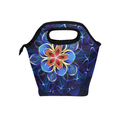 

Insulated Lunch Tote Bag Artistic Blue Flower Travel Picnic Lunch Handbags Portable Zipper Lunch Bag Box