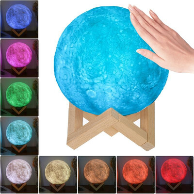 

18cm Diameter ABS 3D LED Moon Light USB Rechargeable 9 RGB Dimmable Colors Luna Lamp Bedside Table Night Light with Wooden Stand