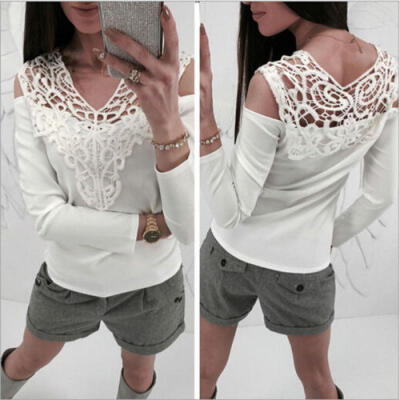 

Girl Women Sexy Blouse Casual SolidV-Neck Lace Solid Color Long Sleeve Tops