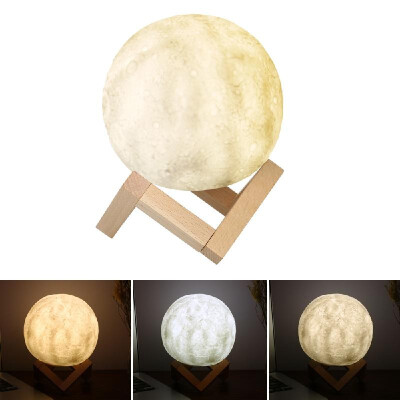 

18cm Diameter ABS 3D LED Moon Light USB Rechargeable 3-Color Dimmable Luna Lamp Bedside Table Night Light with Wooden Stand