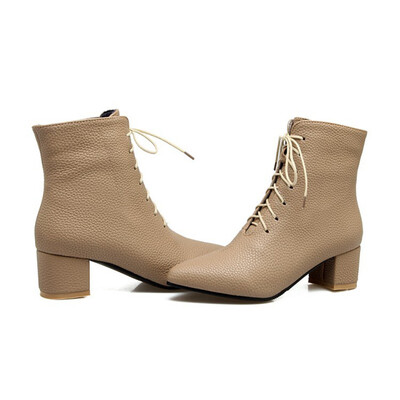 

IDIFU Womens Sexy Pointed Toe Medium Block Heel Ankle Booties Lace up Short Boots