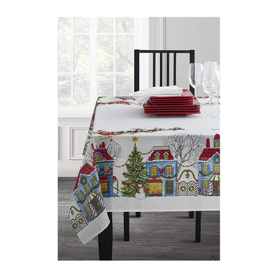 

UpperX Christmas Village Printed Ribbons Engineered Printed Fabric Tablecloth Christmas party decoration